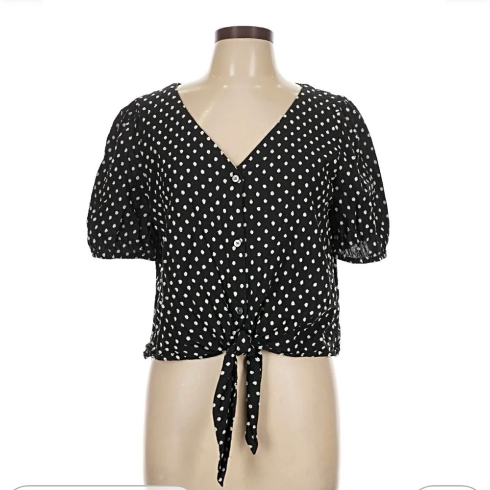 LOFT Black and White Polka Dot, Puff Sleeve, Front Tie